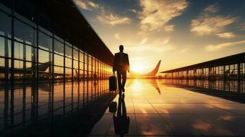 Businessman strolling at the airport. silhouette concept photo