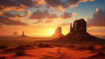 verano amanecer en Monumento Valle Arizona. silueta concepto foto