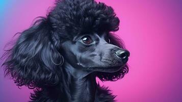 Closeup photo of attractive black poodle on vibrant backdrop. silhouette concept