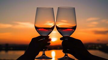 Hand holding glasses at sunset silhouette photo