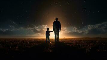 Father and son in a mysterious field illuminated by a light. silhouette concept photo