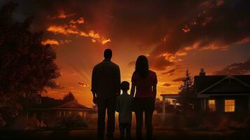 Happy family silhouetted outside private home observing dramatic sunset sky photo