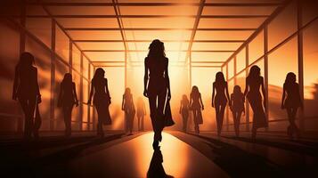 Models showcasing fashion on a runway during a show or week dedicated to fashion. silhouette concept photo