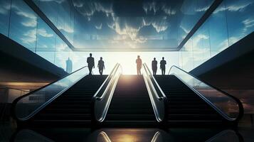 People on escalator reflecting outside world in ceiling. silhouette concept photo