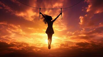 Girl gymnast flying on a rope in the sky against a sunset backdrop. silhouette concept photo