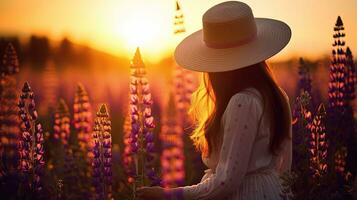 A girl in a light dress and hat walks in a flower field filled with colorful lupines during a sunny summer evening embodying peace and relaxation from everyday tr. silhouette concept photo