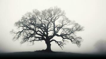 Foggy day with silhouette of an oak tree photo