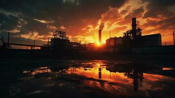 sunset illuminates deserted industrial building. silhouette concept photo