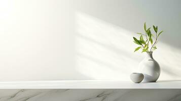 Mockup product display with marble table white wall background and window shadow drop. silhouette concept photo