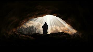 Empty tomb on Easter symbolizes Jesus Christ s resurrection. silhouette concept photo