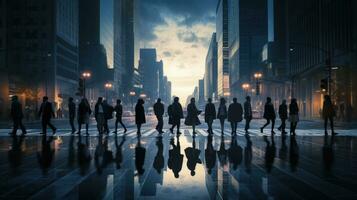 Silhouetted pedestrians crossing city center road photo