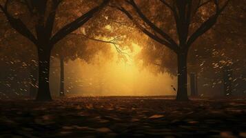 Falling leaves create a picturesque autumn scene in a park. silhouette concept photo