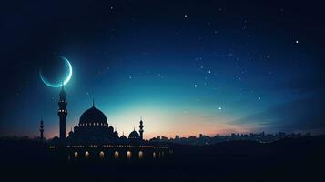 mezquitas con Hazme y creciente representando islámico tradiciones y celebraciones en un crepúsculo cielo con espacio para Arábica texto simbolizando Ramadán eid Alabama adha eid una. silueta concepto foto