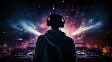 Night club DJ wearing headphones under party lights showcasing the nightout theme. silhouette concept photo