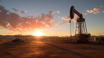 Drilling rig in the Permian Basin with a sunrise view of the West Texas Desert. silhouette concept photo