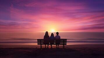 Tourism and summer holidays in northern France children on a beach bench vibrant sky tones with shadows. silhouette concept photo