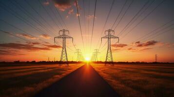 Sun charging from power lines at sunset in the Pampas Argentina. silhouette concept photo