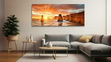 August sunset in Victoria Australia captures magnificent view of Twelve Apostles on Great Ocean Road. silhouette concept photo