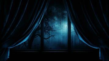 Halloween night eerie window with blue curtain empty space for copy. silhouette concept photo