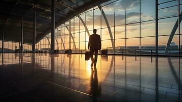 empresario vagante a el aeropuerto. silueta concepto foto