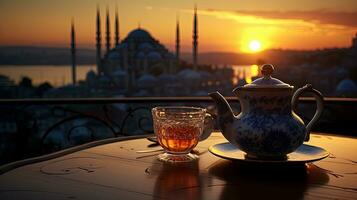 Evening tea in Istanbul at sunset. silhouette concept photo
