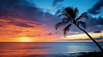 un palma árbol silueta en contra un vibrante puesta de sol en Kaanapali playa en maui foto