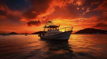 Stunning sunset in Ibiza with golden and red colors and boat silhouettes photo