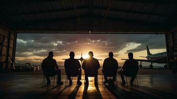 A person sits in the chair at the far right scratching his head as four chairs occupy the open hangar door. silhouette concept photo