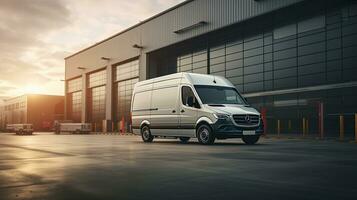 Cargo bus waiting for loading at logistic center while delivery minivan prepped for route. silhouette concept photo