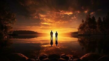 hombres s siluetas junto a el lago durante puesta de sol foto