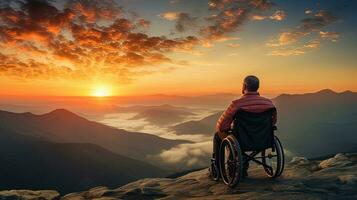 silla de ruedas usuario disfrutando puesta de sol en escénico montaña. silueta concepto foto
