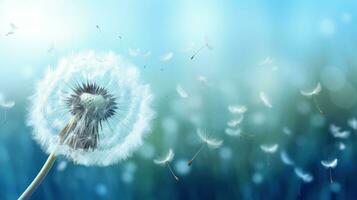 A dandelion silhouette on a vibrant background with seeds in flight photo