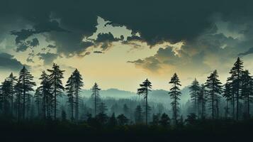 Pine trees cleared forest area against cloudy sky at dusk. silhouette concept photo