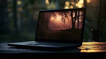 Laptop focused on closest area. silhouette concept photo