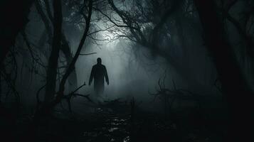 Eerie ghost in horrifying wooded scenery. silhouette concept photo