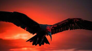en vuelo un masculino Pájaro de fragata con un rojo escalfar en Ecuador s galápagos nacional parque. silueta concepto foto