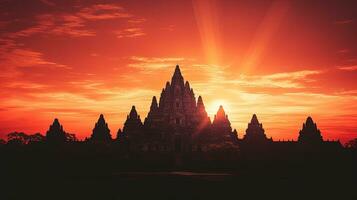 borroso imagen de prambanan templo a puesta de sol con ruido y grano. silueta concepto foto