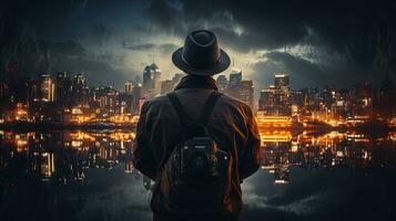 Hipster photographer in a baseball cap reflects on the beautiful evening cityscape of Kiev soft focused lights illuminate the apartment blocks. silhouette concept photo