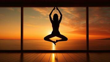 Morning silhouette of a stunning yoga lady photo