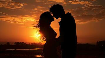 Couple affectionately embracing at dusk. silhouette concept photo