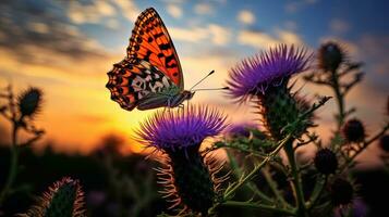 Bright orange butterfly perches on wildflowers under the evening sky. silhouette concept photo