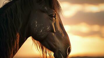 caballo s cabeza en puesta de sol s brillo. silueta concepto foto