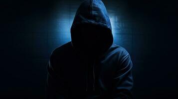 Unrecognizable figure in dark blue hoodie concealed face arms crossed solitary in darkness. silhouette concept photo