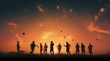 Football players shadows on the evening sky. silhouette concept photo