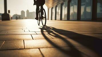 Shadow walking with bike silhouette on bright pavement background photo