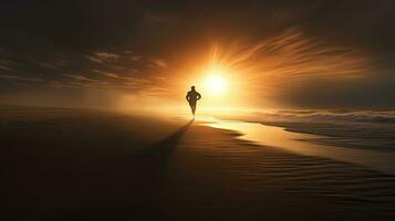 un solitario figura carreras de velocidad a lo largo un solitario apuntalar como el viento batidores arena a través de el playa. silueta concepto foto