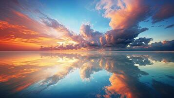 Stunning sight of cloud filled sky reflecting in tropical sea at sunrise or sunset. silhouette concept photo