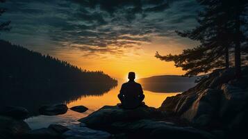 Young man sitting on rock seen in silhouette photo