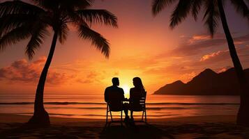 romántico Pareja en playa debajo palma arboles a puesta de sol agua reluce con luz de sol distante islas visible. silueta concepto foto