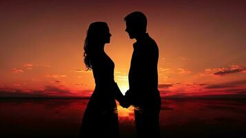 Couple holding hands facing each other at sunset. silhouette concept photo